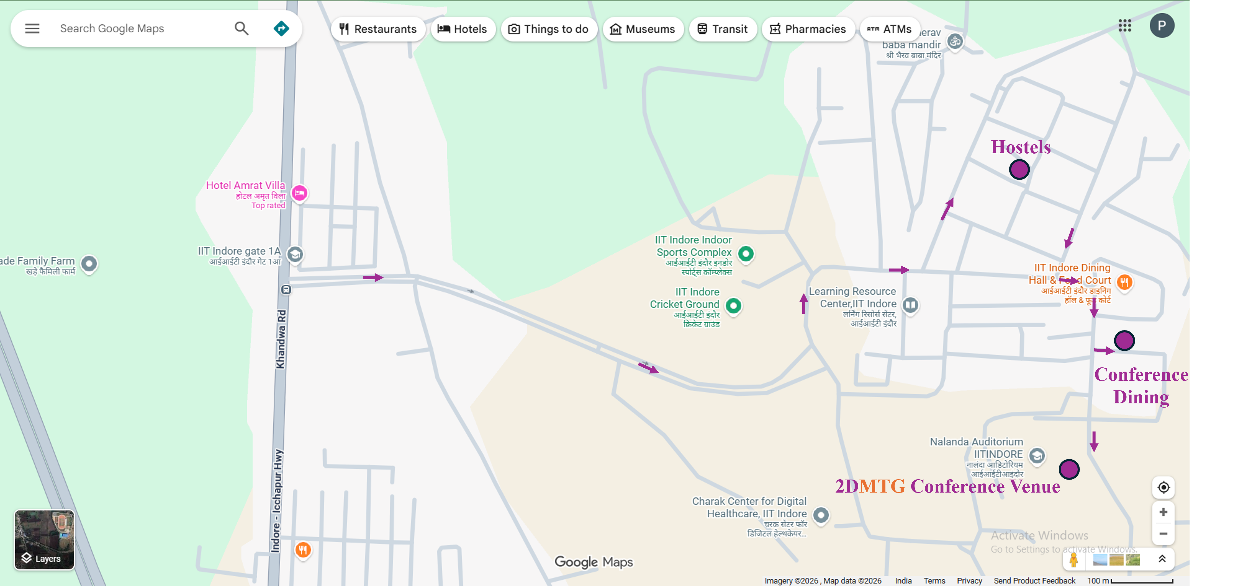 IIT Indore Campus Map showing Conference Venue (Nalanda Auditorium), Hostels, Dining Hall, and Gate 1A
